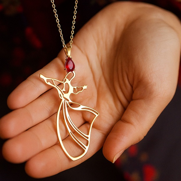 Whirling Dervish Brass Jewelry Set with Red Gemstone – Necklace and Earrings - Picture 3 of 6